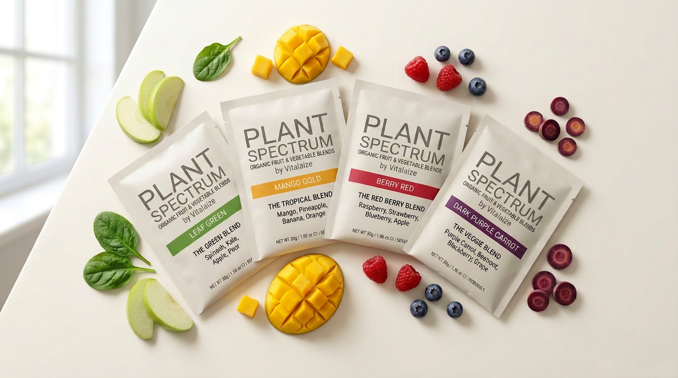 The four Plant Spectrum sachet blends — Leaf Green, Mango Gold, Berry Red and Dark Purple Carrot — with fresh produce