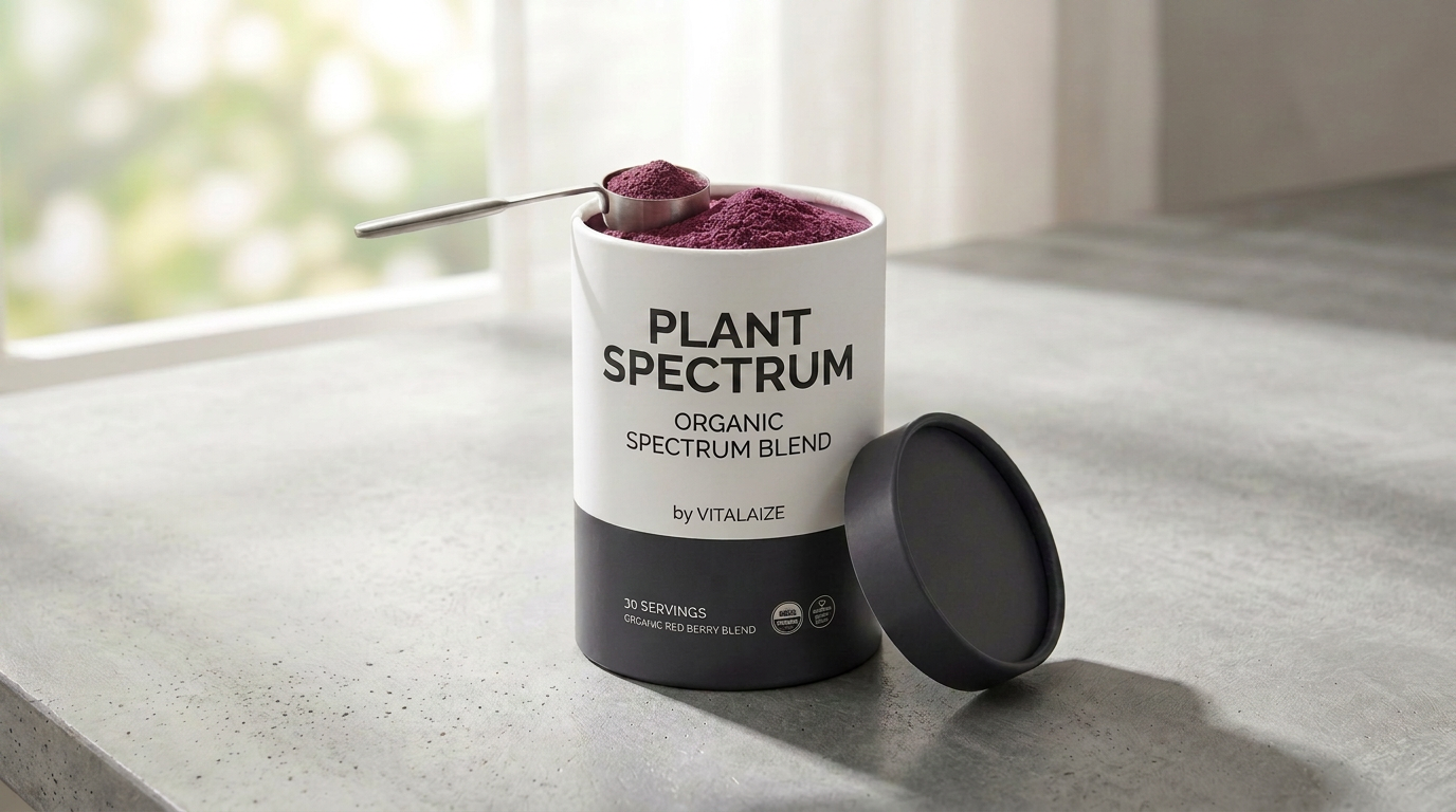 Plant Spectrum Organic Spectrum Blend tin with a scoop of red berry powder