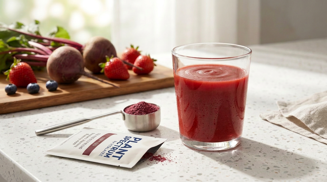 A glass of prepared Plant Spectrum beside fresh beetroot and strawberries