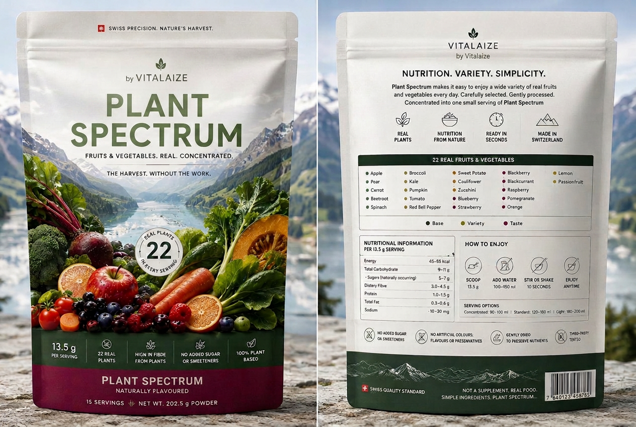 Plant Spectrum Berry & Citrus pouch, front and back, showing 22 real fruits and vegetables